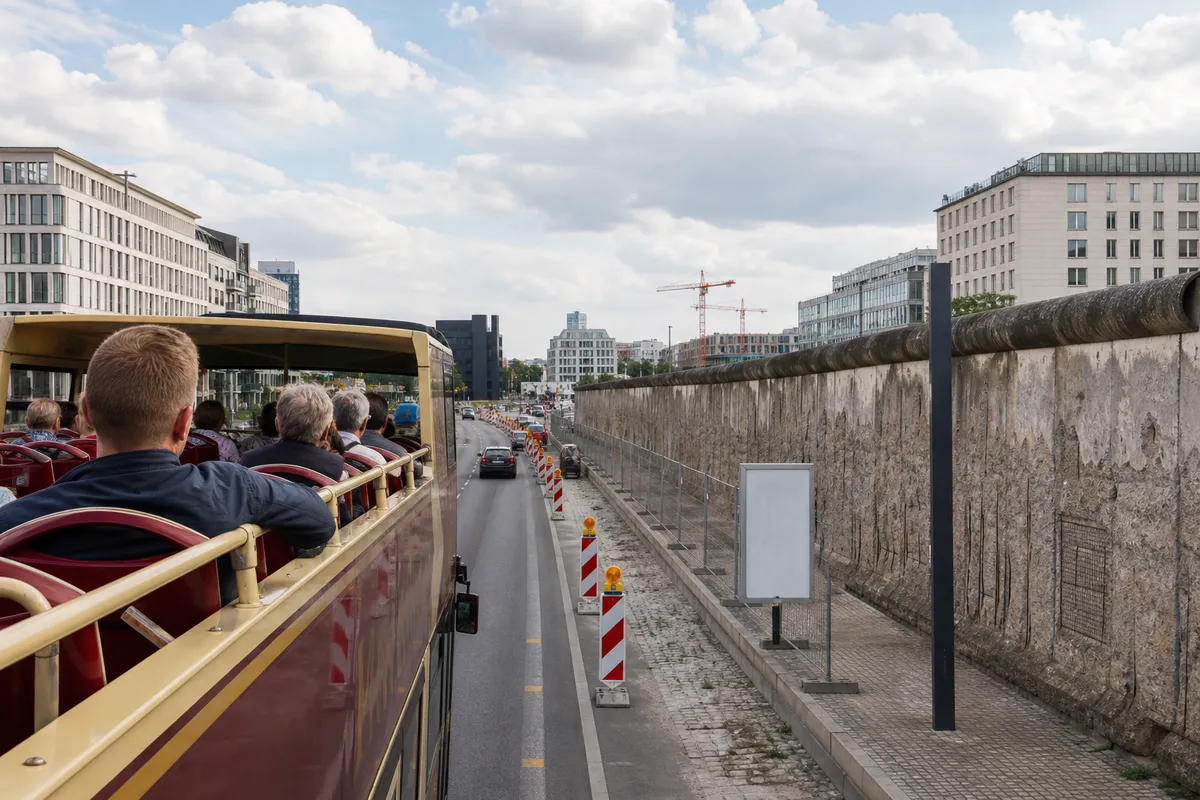 Open-top double-decker sightseeing bus passing the Berlin Wall in Berlin
