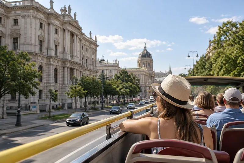 Tourists on open-top Big Bus sightseeing bus in central Vienna