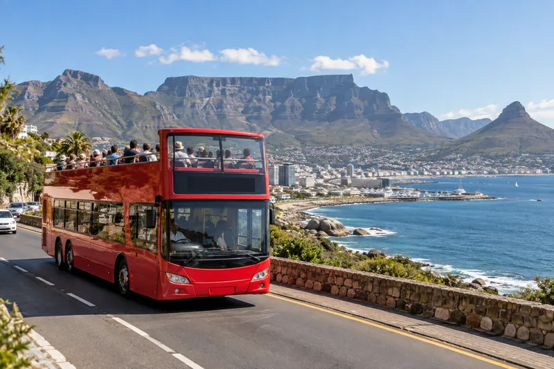Red open-top sightseeing bus with Table Mountain in Cape Town