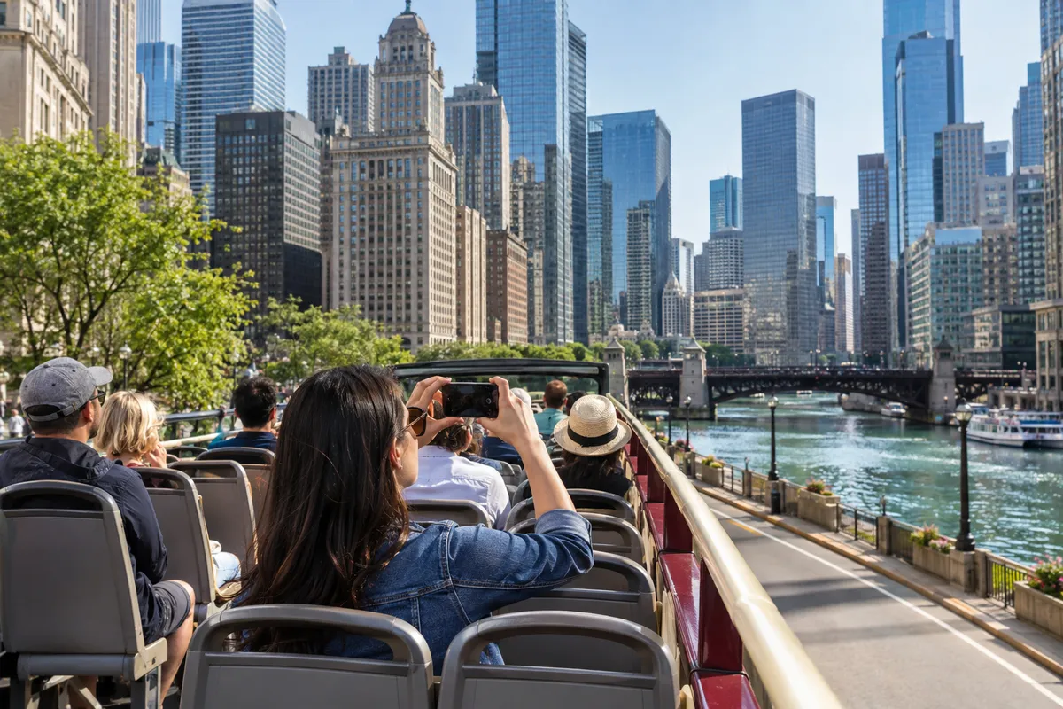 Open-top sightseeing bus touring downtown Chicago along the Chicago River