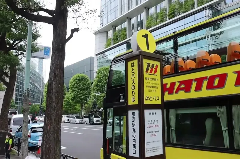 Open-top double-decker hop-on hop-off sightseeing bus at a city bus stop