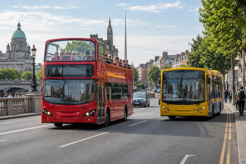 Open-top sightseeing bus alongside public bus on a Dublin street