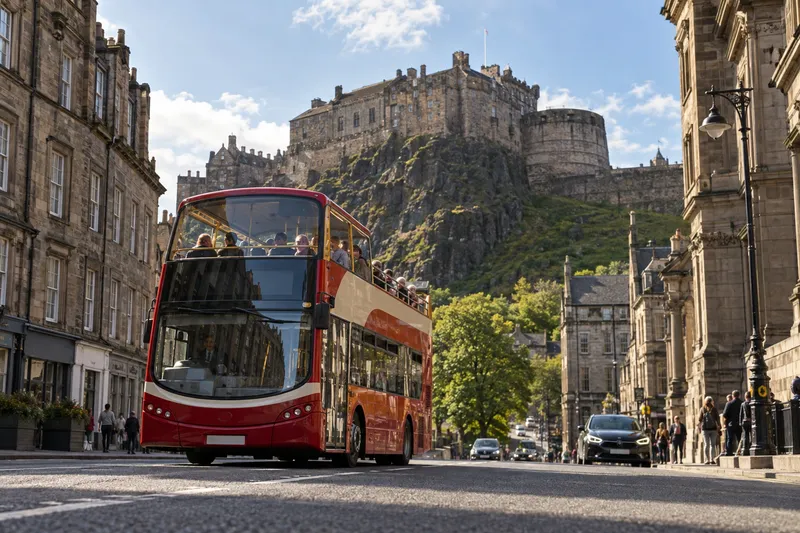 Open-top sightseeing bus on an Edinburgh street with Edinburgh Castle in the background