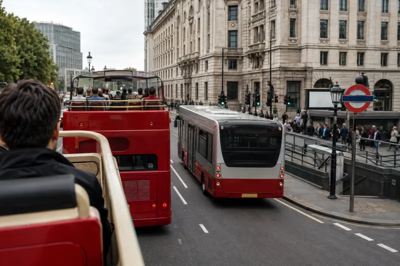 Open-top sightseeing bus and public city bus sharing a busy urban avenue
