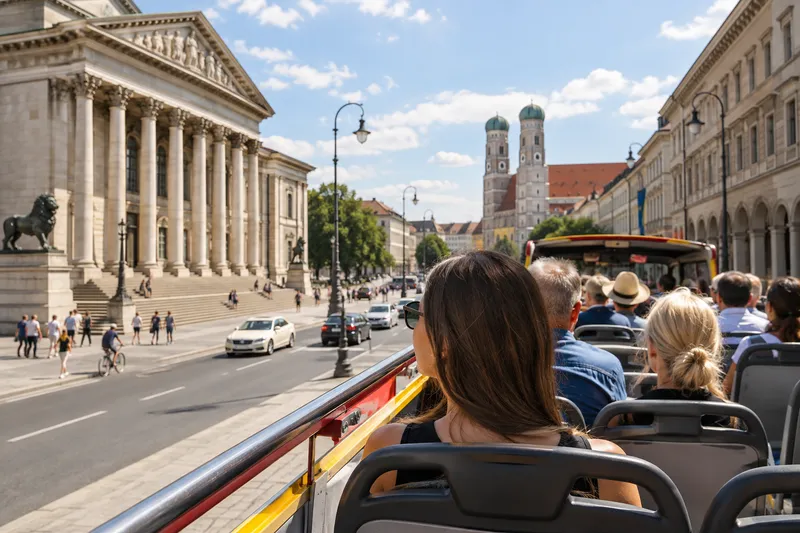 Open-top hop-on hop-off bus tour in Munich with historic landmarks in view