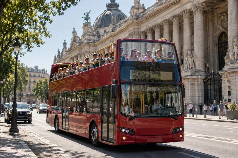 Open-top double-decker sightseeing bus with tourists on a city street