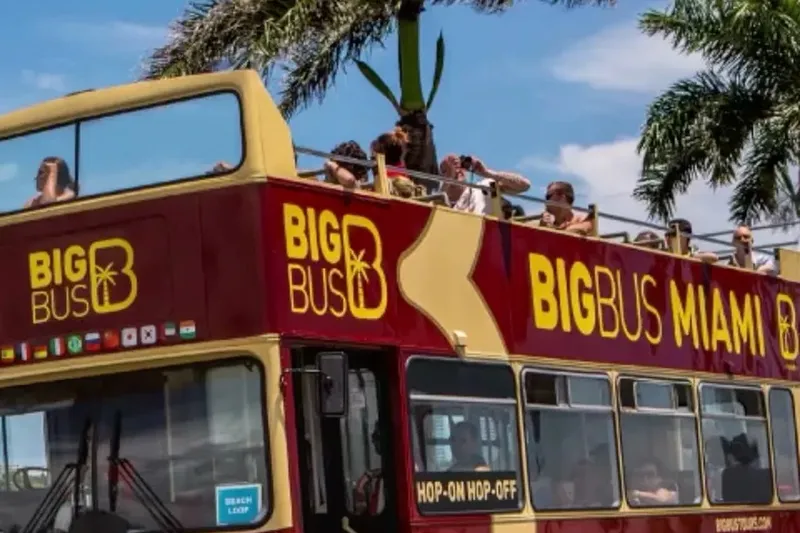 Open-top double-decker hop-on hop-off sightseeing bus on a sunny city street