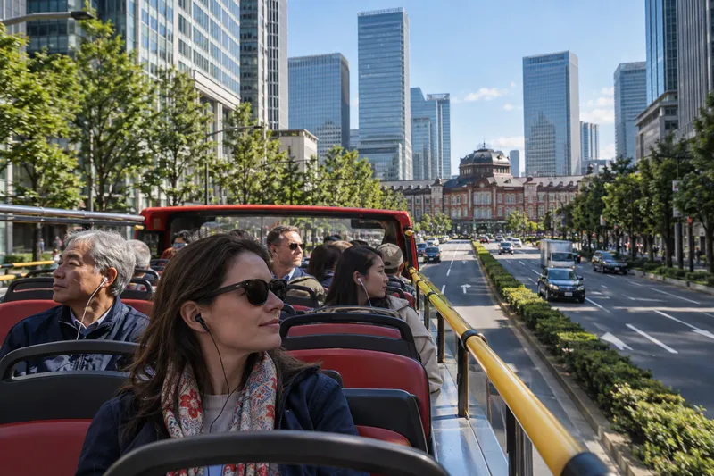 Passengers riding the Tokyo Sky Hop Bus through central Tokyo