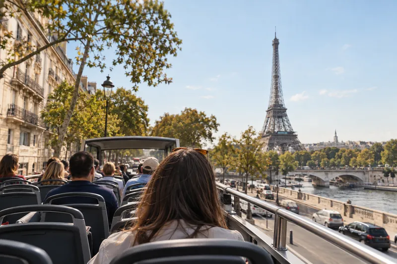 Passengers on open-top sightseeing bus with view of Eiffel Tower in Paris
