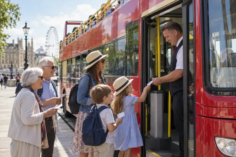 Children and seniors boarding an open-top double-decker sightseeing bus