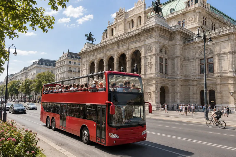 Open-top double-decker sightseeing bus driving past the Vienna State Opera in Vienna